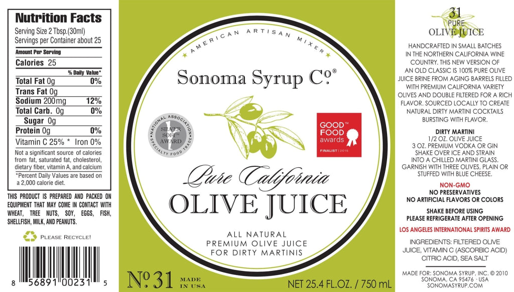 Pure Sonoma Olive Juice 25.4 oz Bottle - Tipsy Cocktail Supply Co.