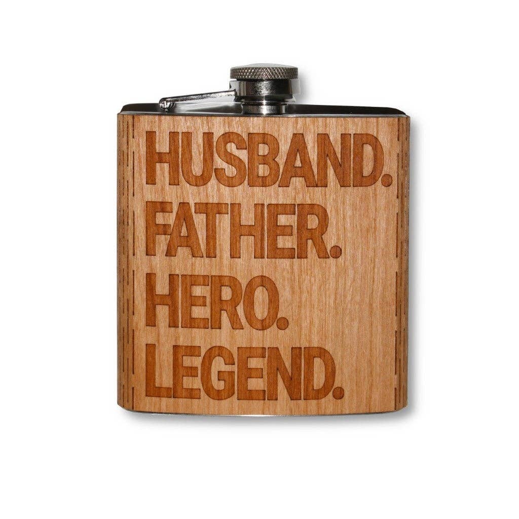 Husband, Father, Hero, Legend Wooden Hip Flask - Tipsy Cocktail Supply Co.