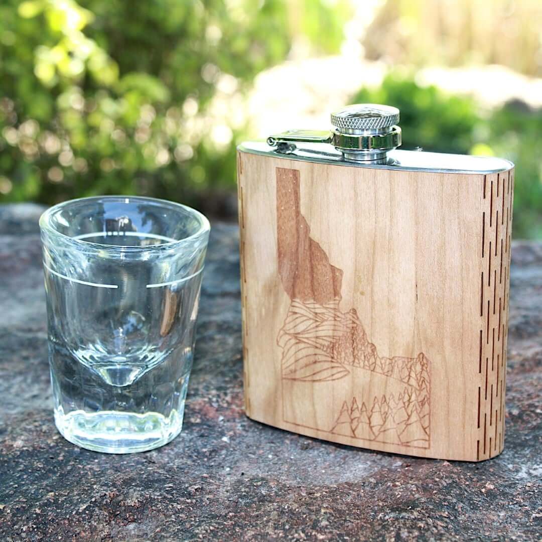 Mountain Biker 6 oz. Wooden Hip Flask - Outdoor Adventure Series - Art by Ben McKenzie - Tipsy Cocktail Supply Co.