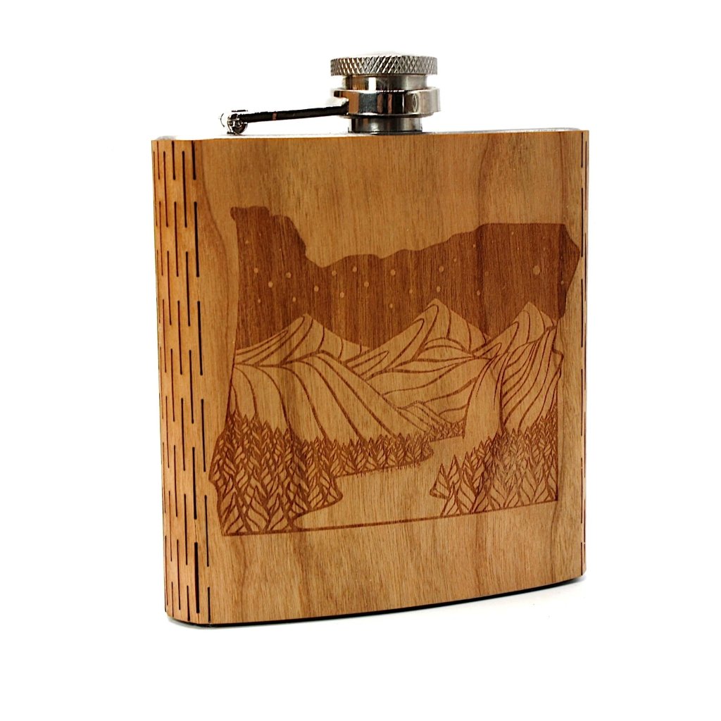 Oregon Night Landscape 6 oz. Wooden Hip Flask - Outdoor Adventure Collection - Art by Ben McKenzie - Tipsy Cocktail Supply Co.