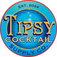 Circular logo for Tipsy Cocktail Supply Co. with blue background and yellow text.