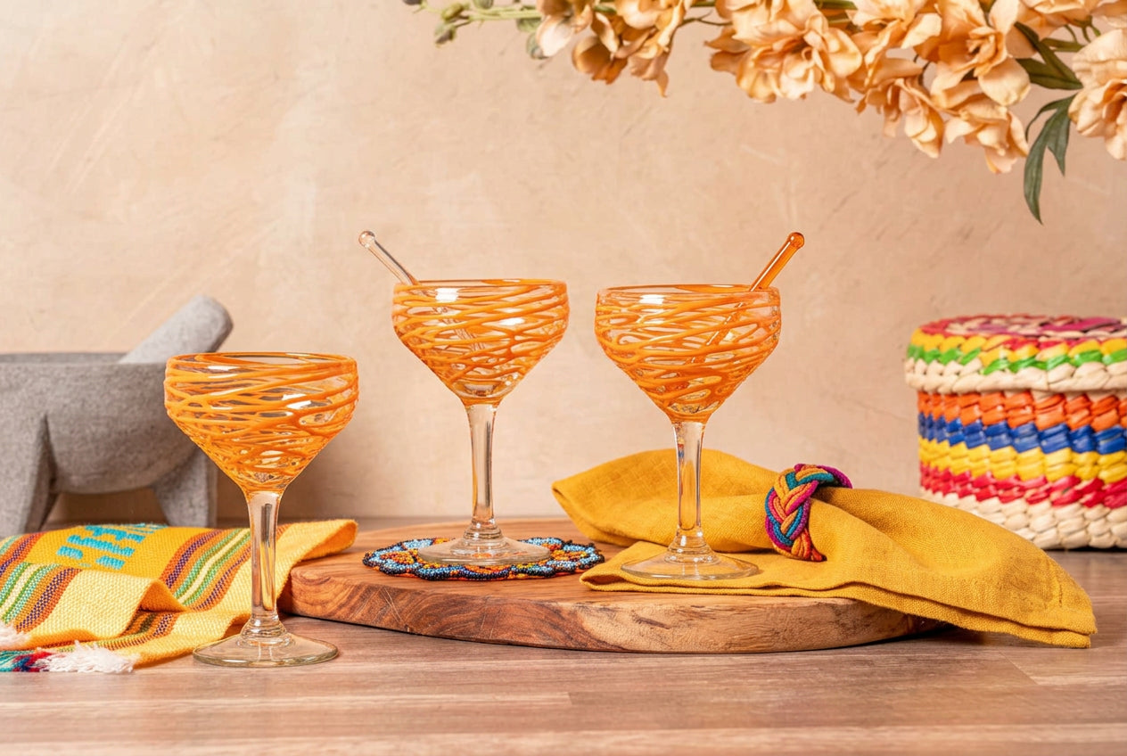 Mexican Handblown Glasses - Orange Swirl - Tipsy Cocktail Supply Co.