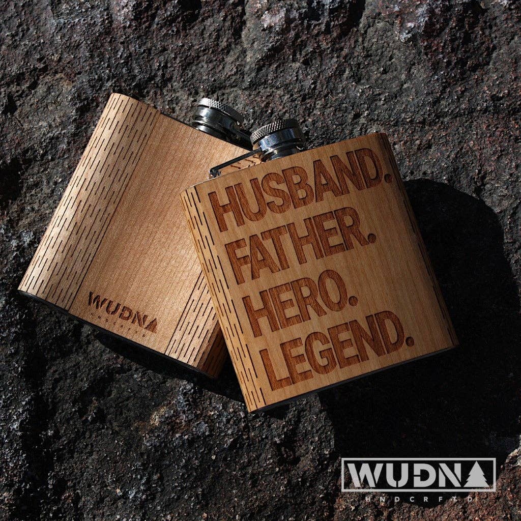 Husband, Father, Hero, Legend Wooden Hip Flask - Tipsy Cocktail Supply Co.