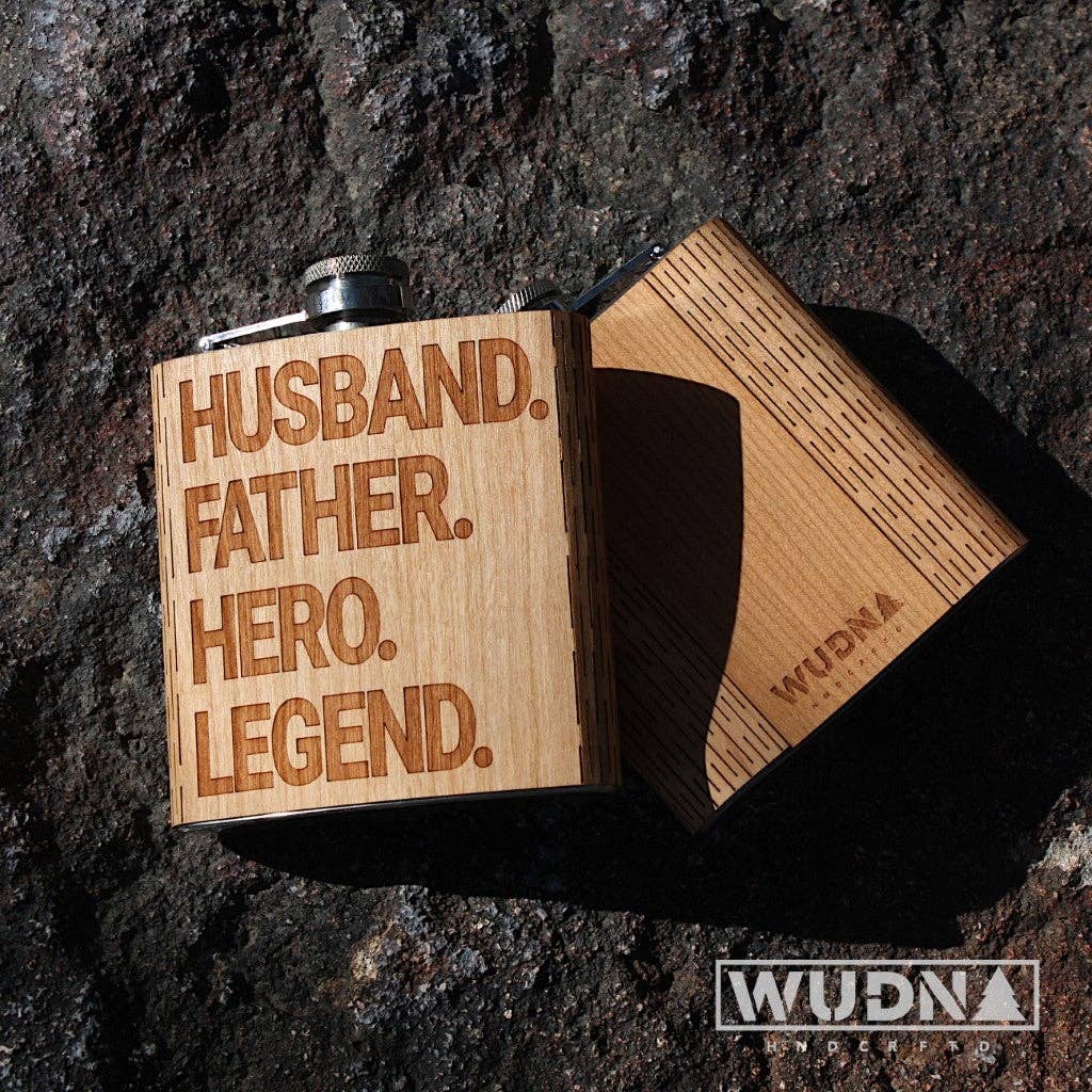 Husband, Father, Hero, Legend Wooden Hip Flask - Tipsy Cocktail Supply Co.