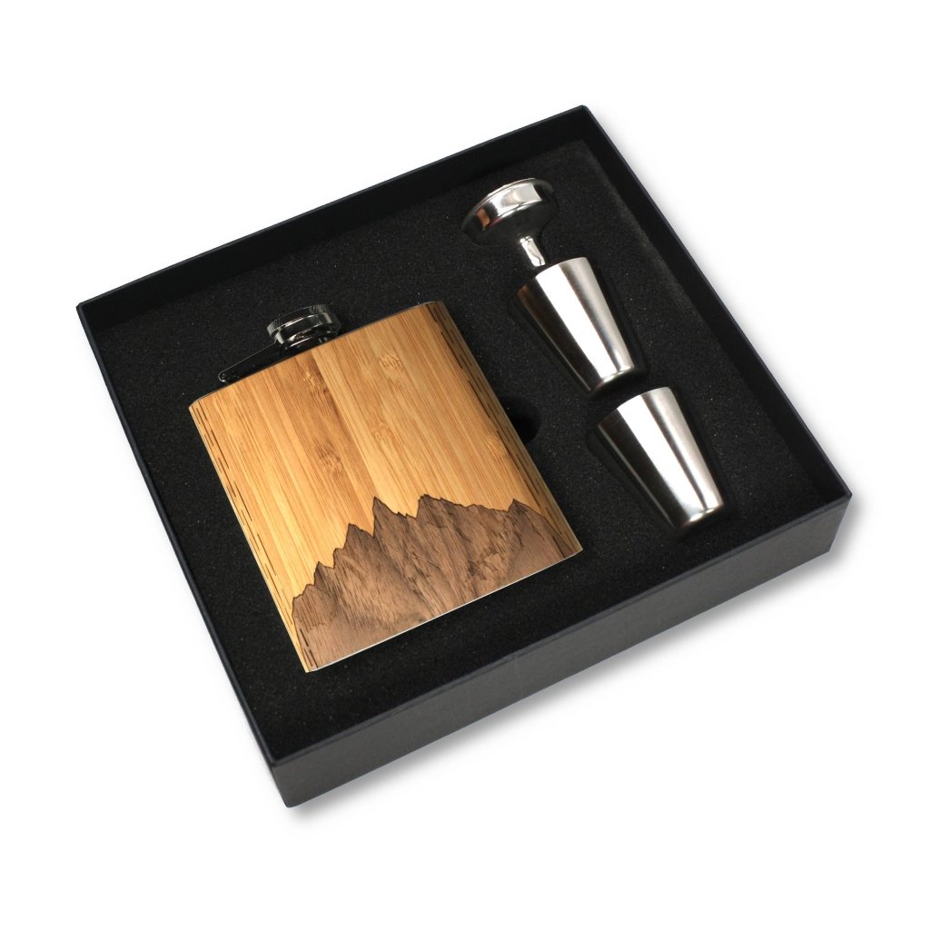 Sawtooth Mountains Wooden Hip Flask GIft Box - Tipsy Cocktail Supply Co.