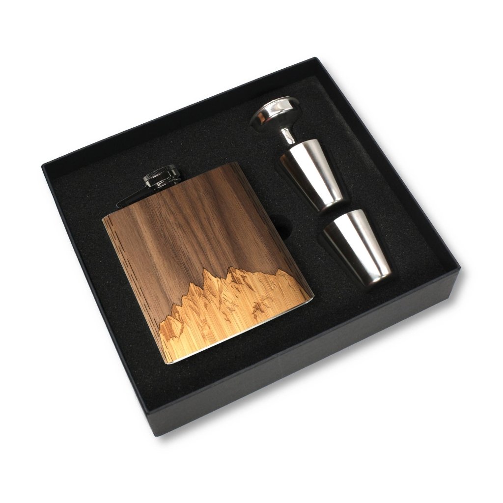 Sawtooth Mountains Wooden Hip Flask Gift Box Set - Tipsy Cocktail Supply Co.